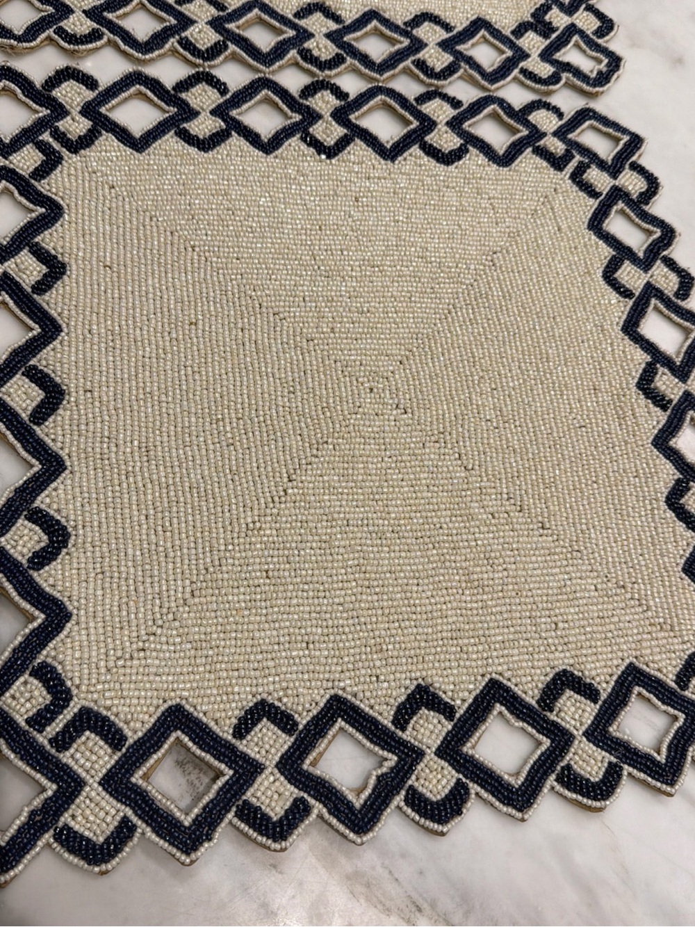 Pier 1 White Blue Geometrical Beaded Mediterranean 14.5" Table Placemat Set of 2